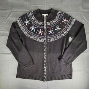 Christopher & Banks Womens Full-Zip Winter Snowflake Black‎ Embrodered Sweater M